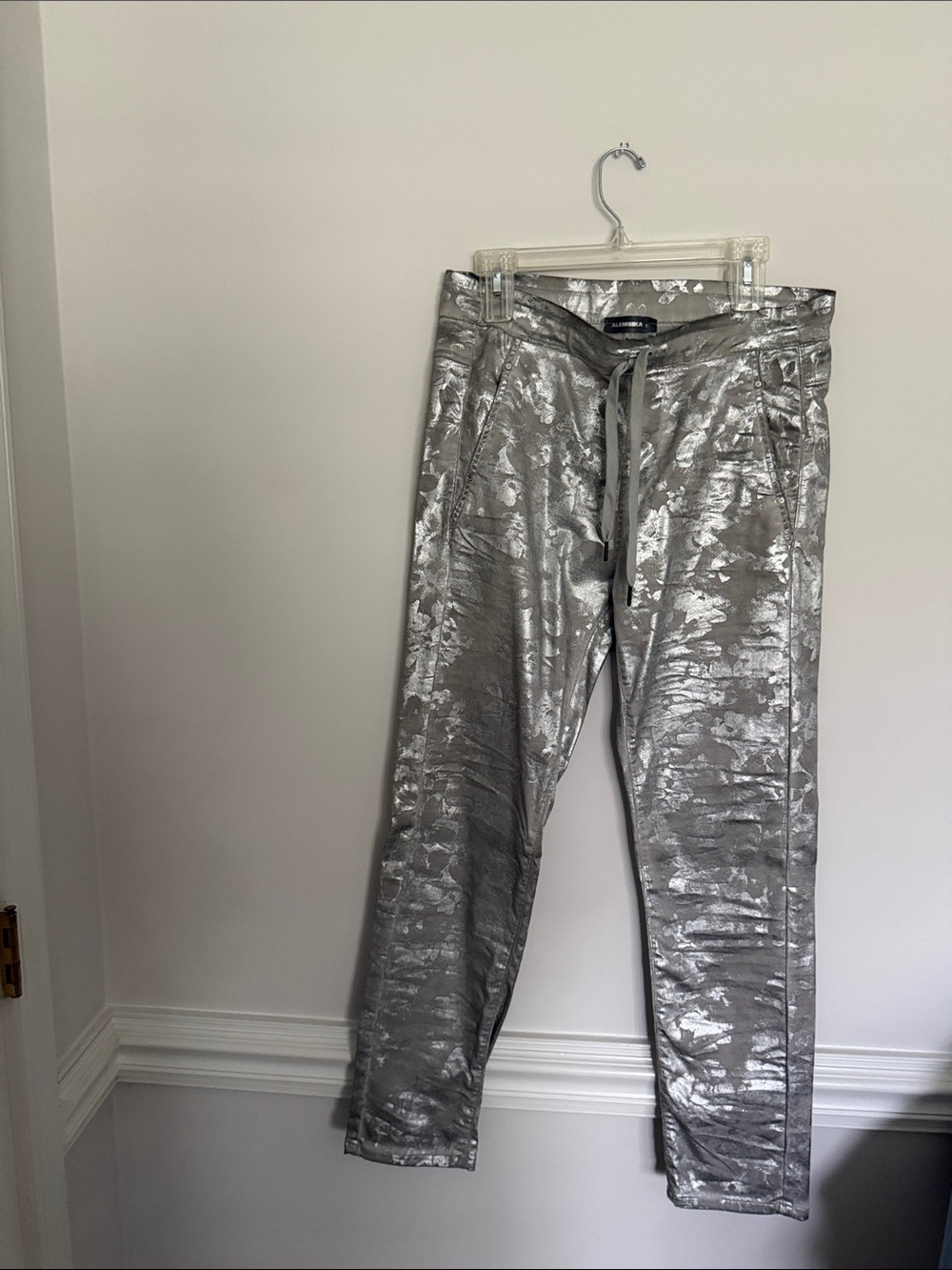 Women’s Metallic Silver Jogger Pants with Drawstring Waist
